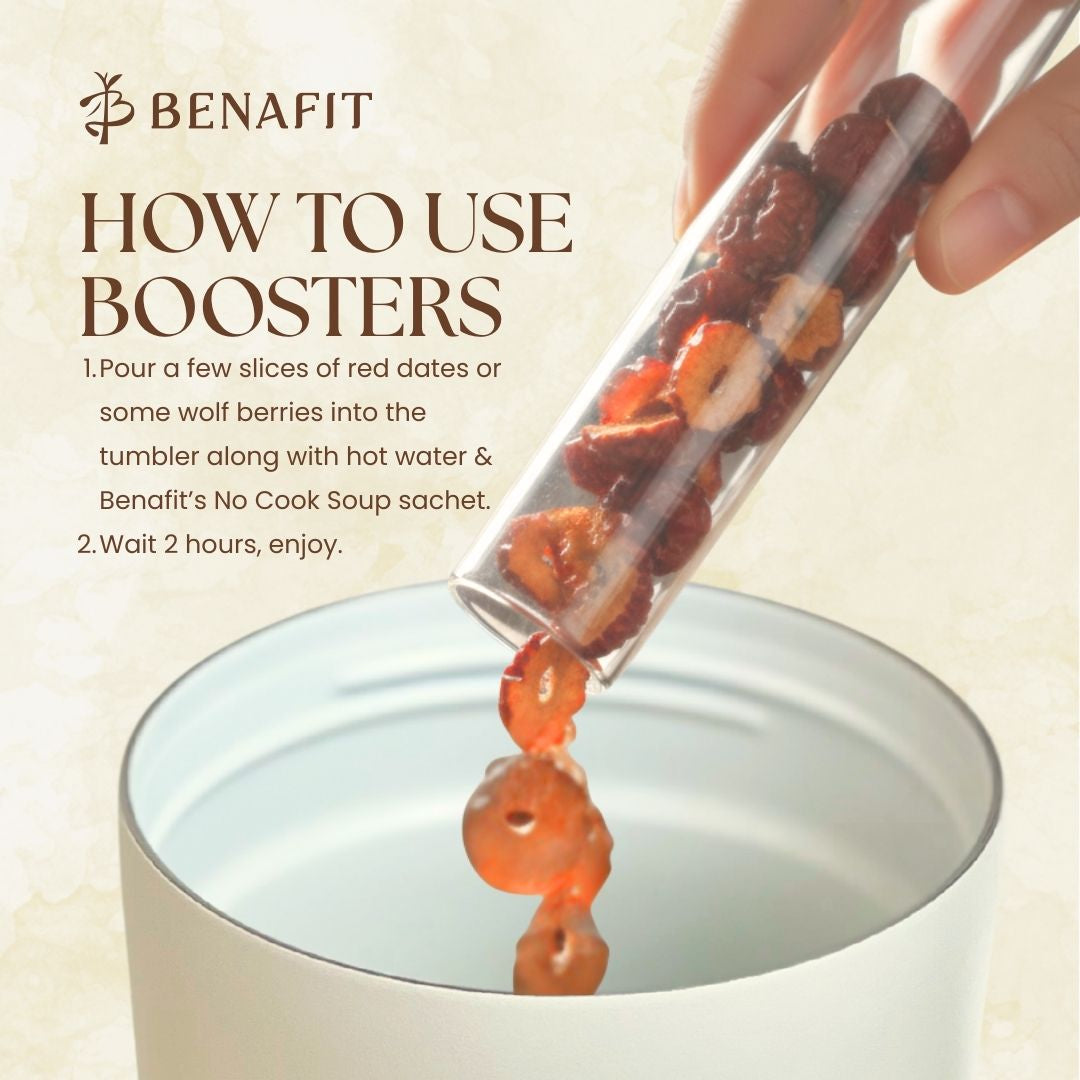 Guide showing ways to use the free gift booster together with the BENAFIT soup sachet, offering convenient health support for busy Malaysian working adults.