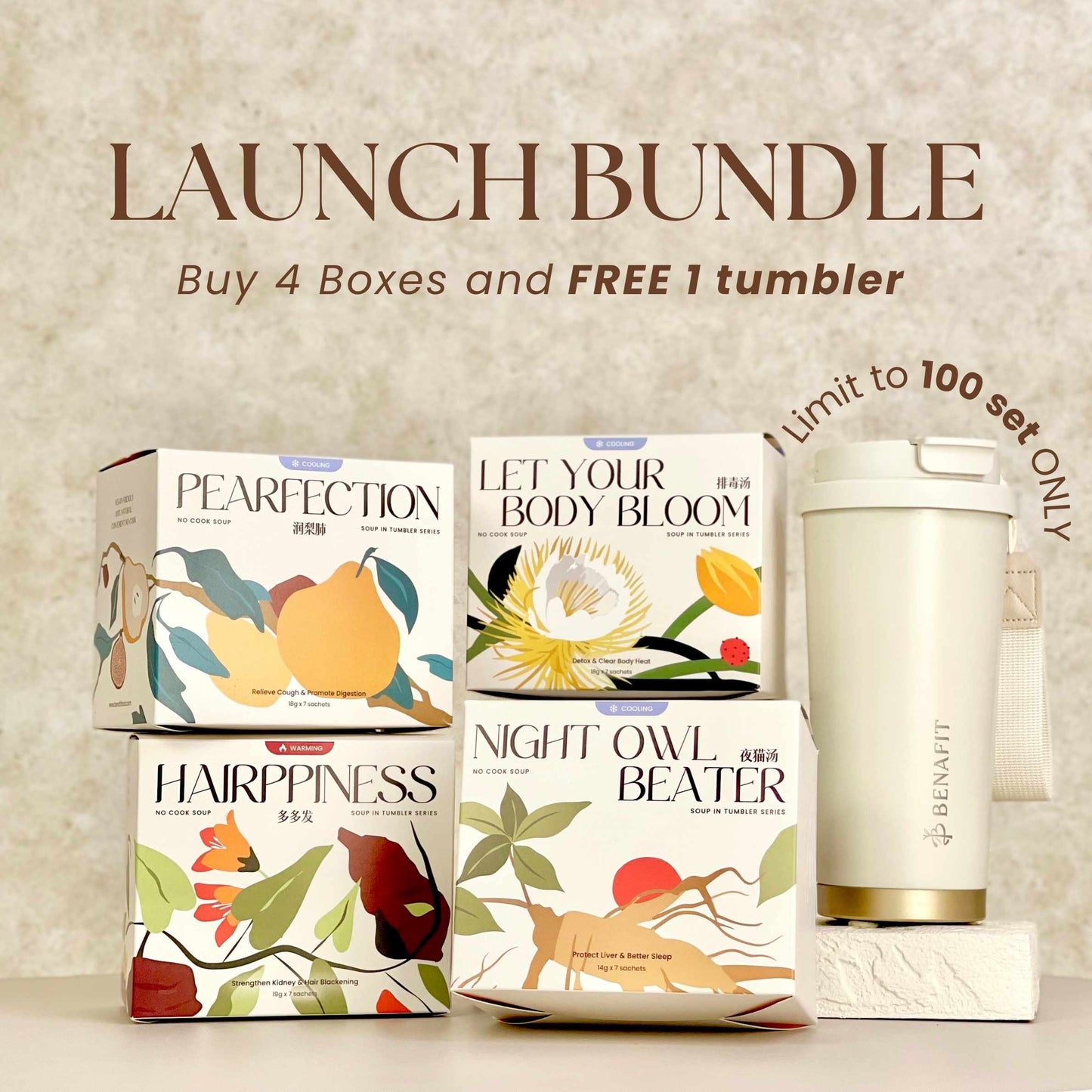 Launch Bundle: 4 Boxes + Free Benafit Tumbler