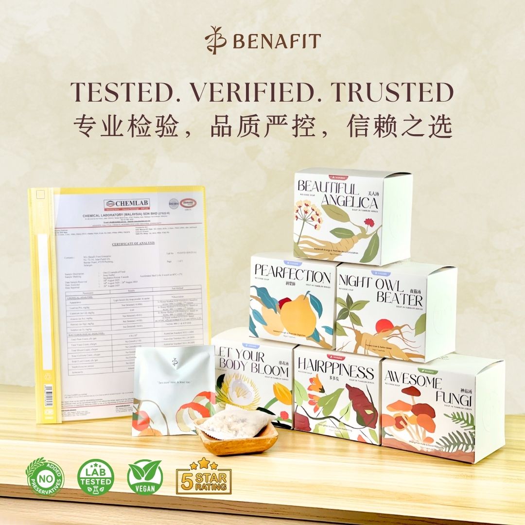 Benafit No Cook Herbal Soup with lab tested certification, safe and convenient healthy soup for busy Malaysian working adults.