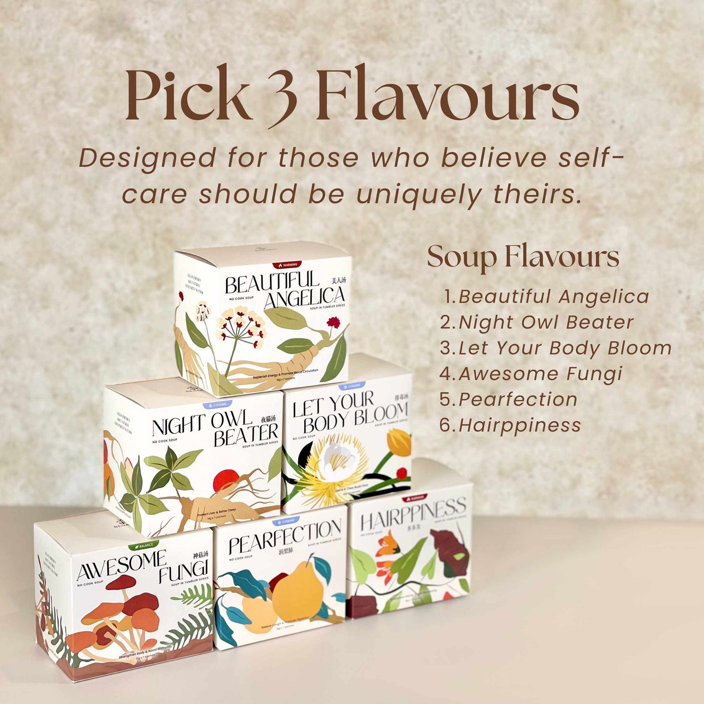 Three boxes of Benafit No-Cook Soup in assorted flavours — healthy herbal soup bundle Malaysia, perfect for detox and balance.