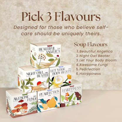 Three boxes of Benafit No-Cook Soup in assorted flavours — healthy herbal soup bundle Malaysia, perfect for detox and balance.