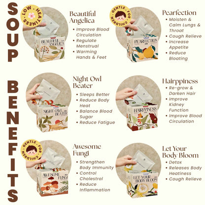 All Benafit No-Cook Soup flavours with their health benefits — natural herbal soups in Malaysia for detox, sleep, immunity, and women’s wellness.