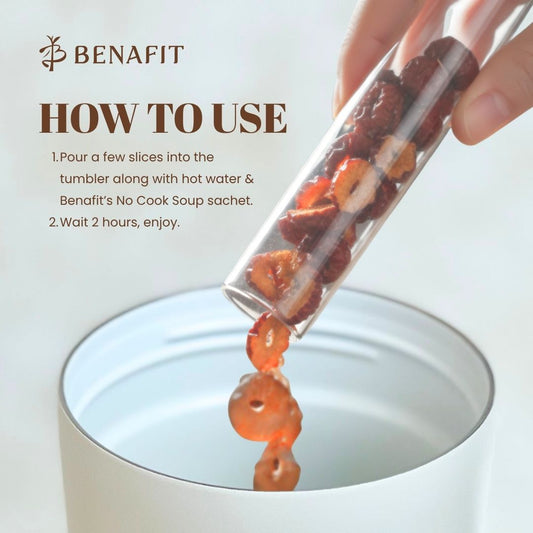 Guide showing ways to use the free gift booster together with the BENAFIT soup sachet, offering convenient health support for busy Malaysian working adults.