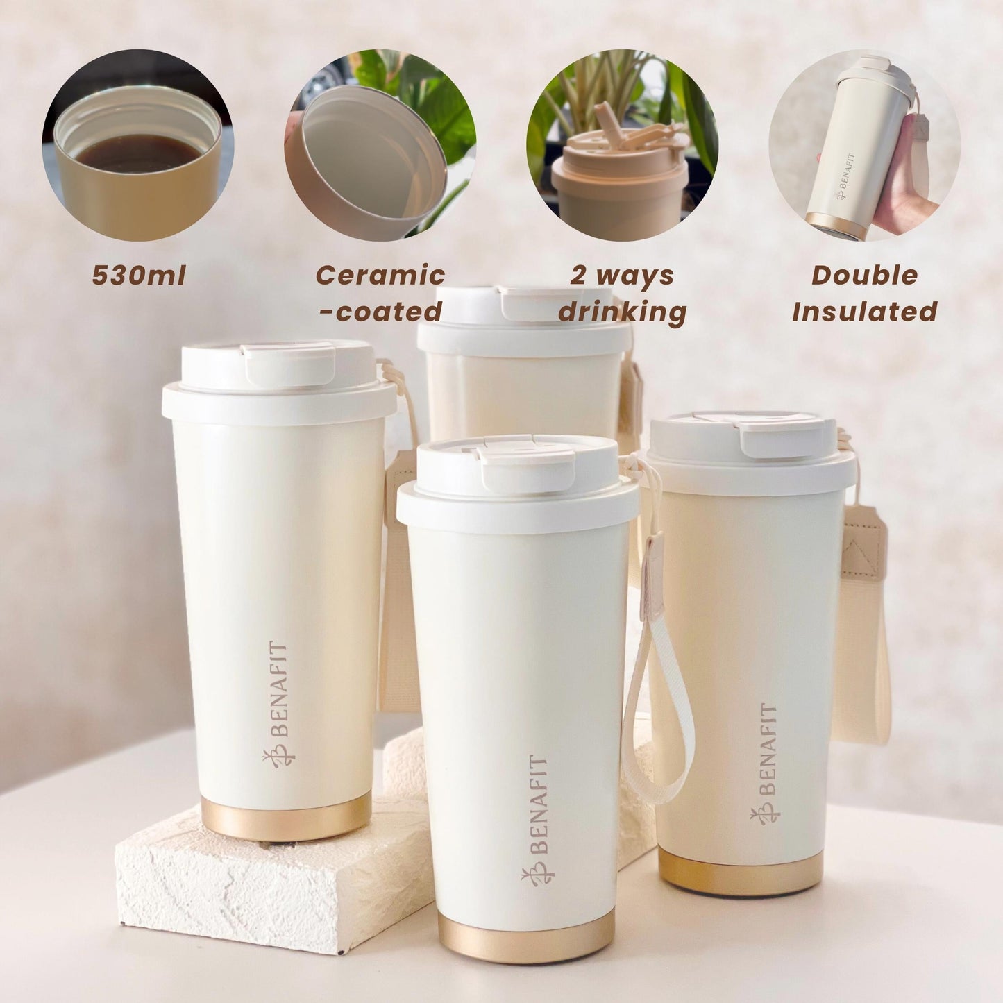 Functions of the BENAFIT ceramic coated thermal flask for busy Malaysian adults.