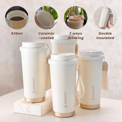 Functions of the BENAFIT ceramic coated thermal flask for busy Malaysian adults.