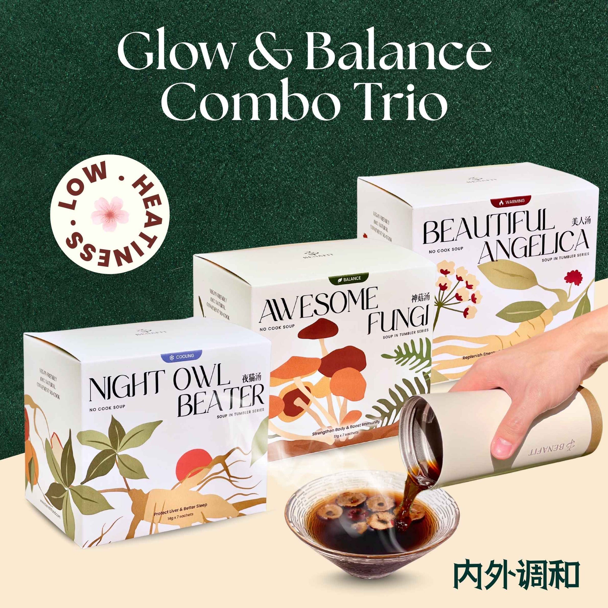 benafit no cook soup glow_balance combo displaying on a green background featuring a tumbler and a bowl of soup